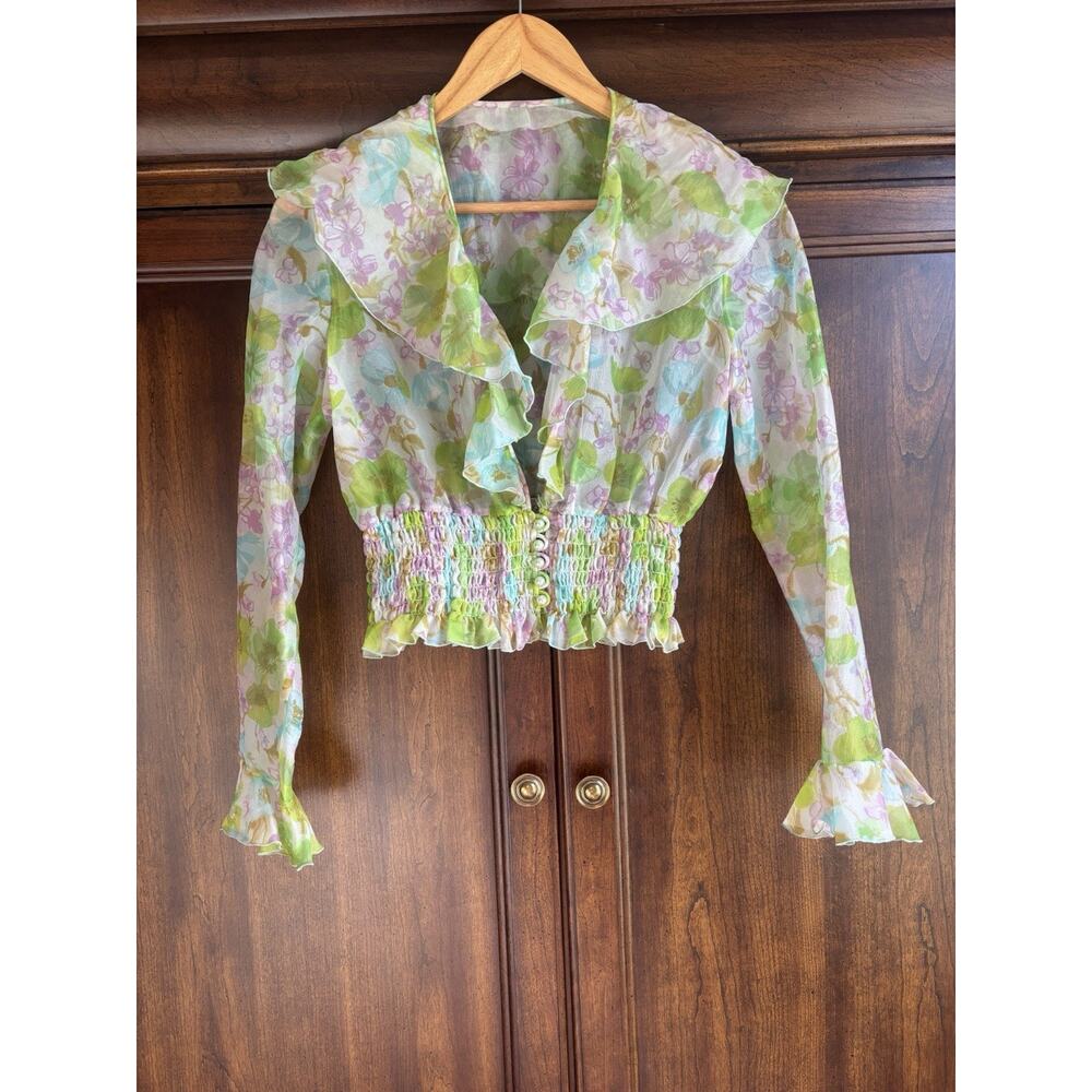 Vintage Y2K Fairy Top S Floral Pastel Crop Blouse Sheer Long Sleeve Boho Cottage